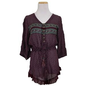 NWT Sky Silk Blend Paisley Boho Romper Size XS Maroon 3/4 Sleeve Ruffle Hem